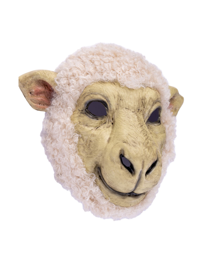 Masque de mouton en plastique avec fourroure, avec étiquette volante/étiequette